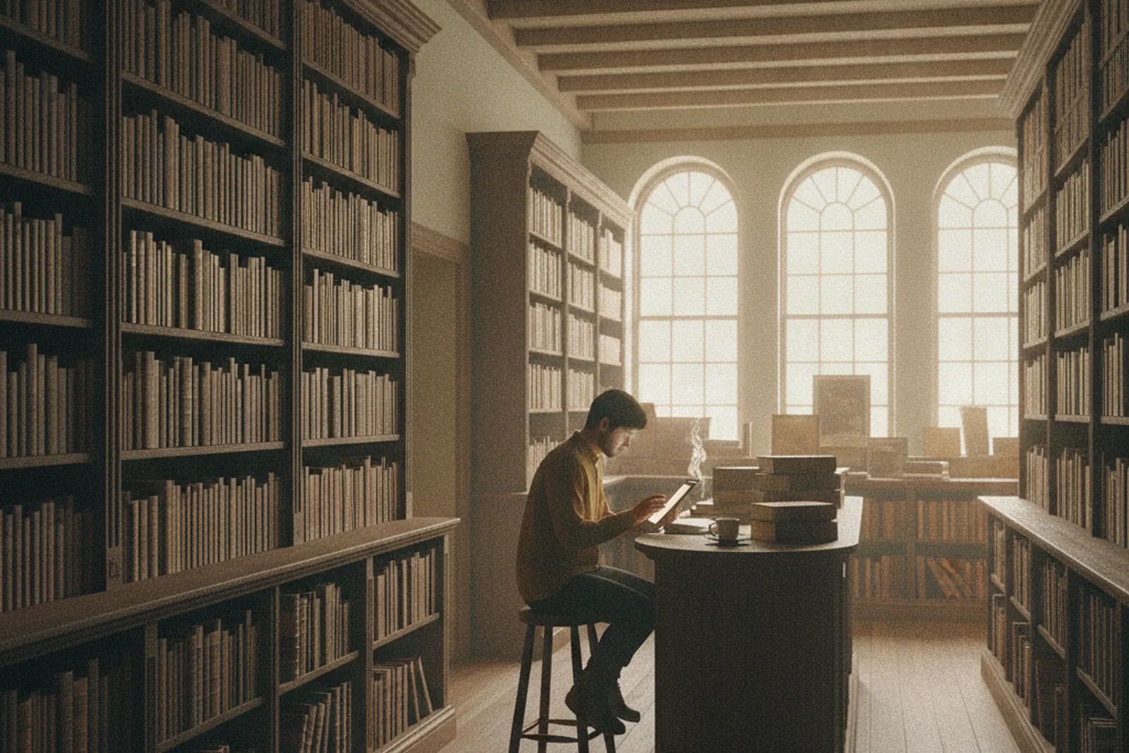 Inside an independent bookshop with tall wooden shelves and a customer using a tablet