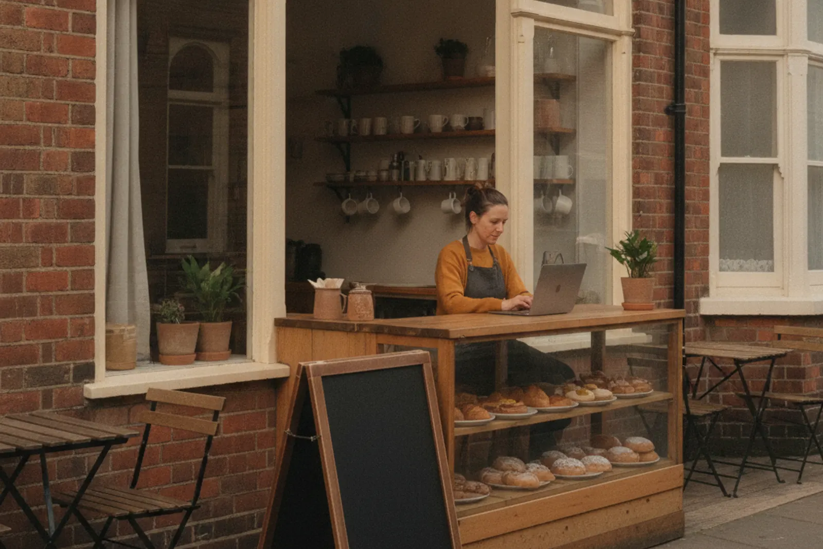 A café owner working on a laptop at the counter, with pastries on display