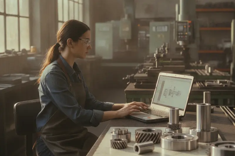 An engineer at a workstation beside machined parts