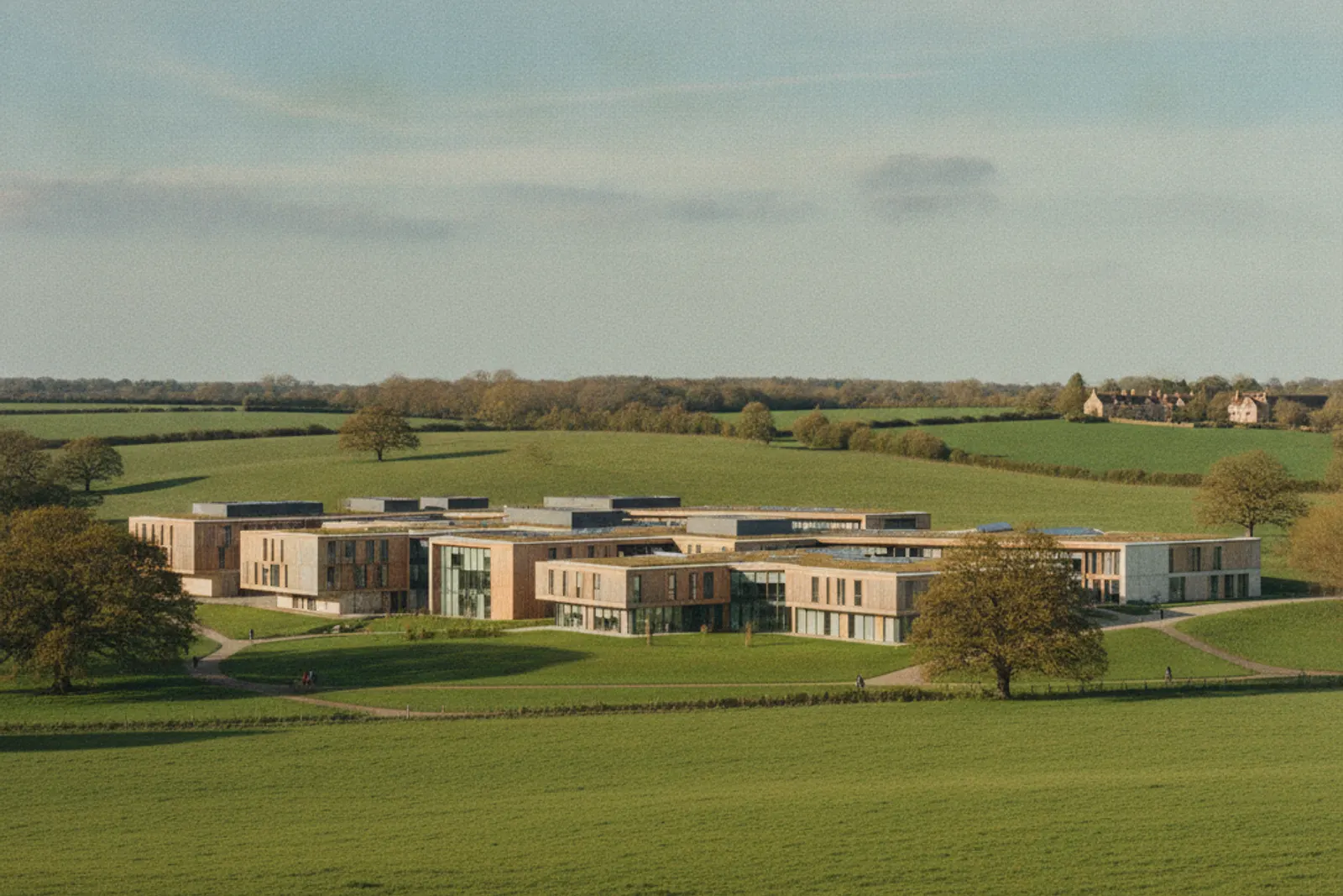 A wide modern research campus building set among green Oxfordshire fields under a clear sky