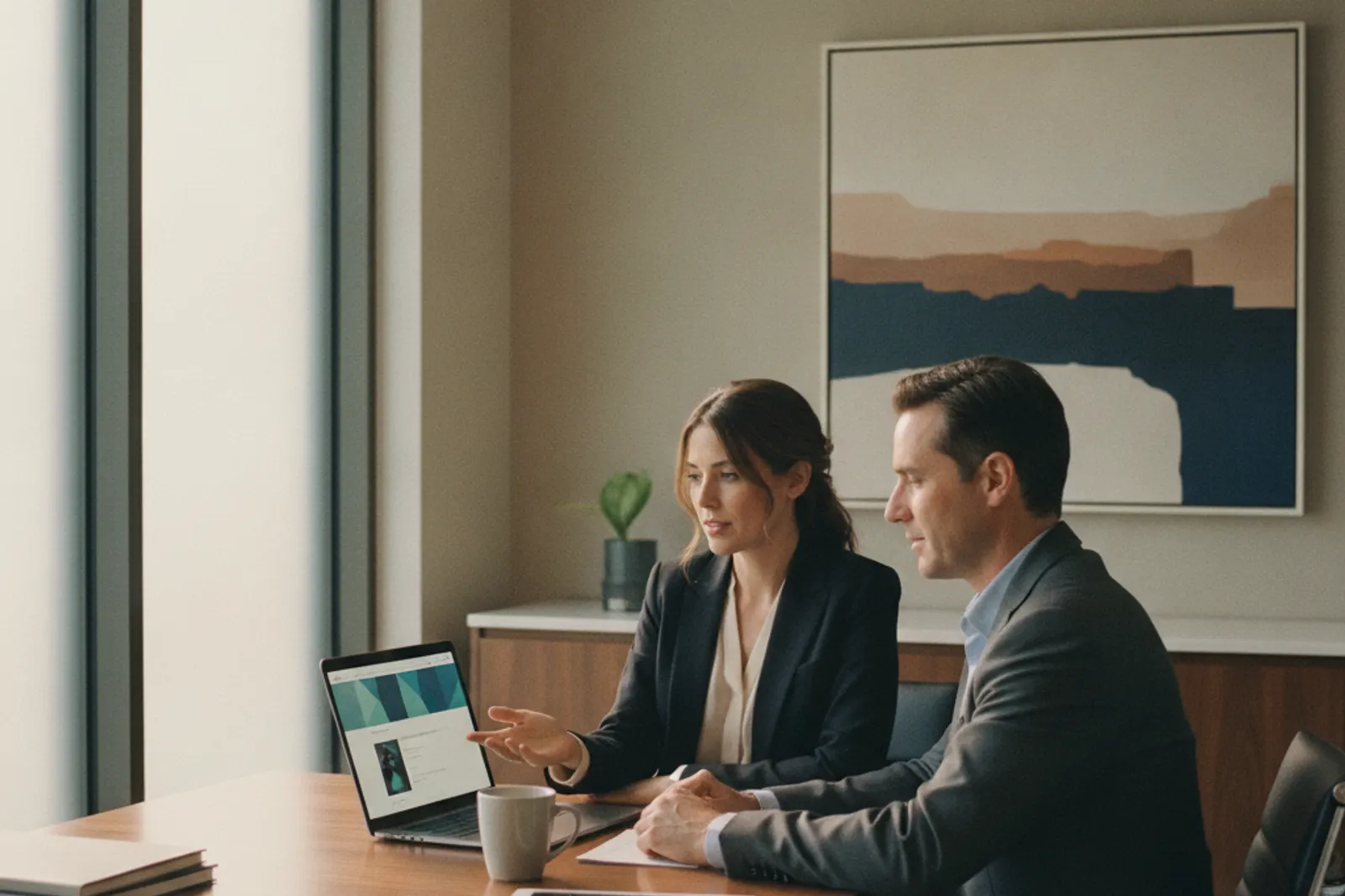 Two healthcare administrators reviewing a website together on a laptop