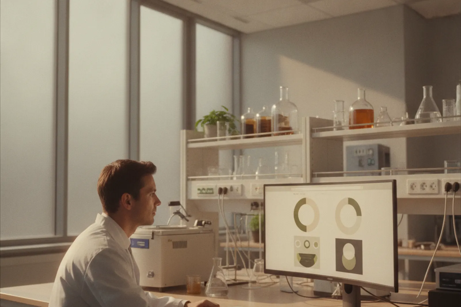 A scientist in a lab coat reviewing a website on a large monitor in a bright laboratory