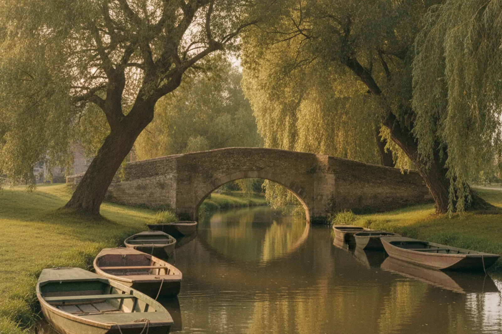 Punts moored on a quiet river with willow trees and an old stone bridge in evening light
