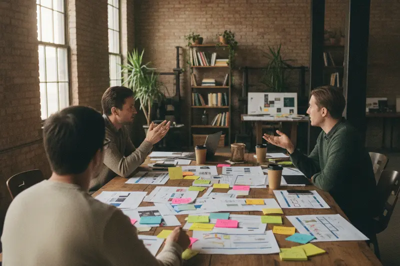 A small team reviewing printed page layouts and sticky notes around a table